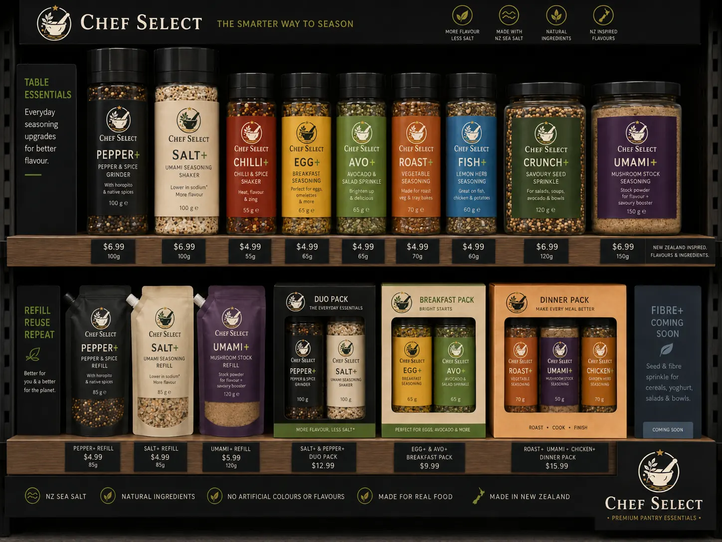 Chef Select concept range including seasonings, grinders, refills and multipacks