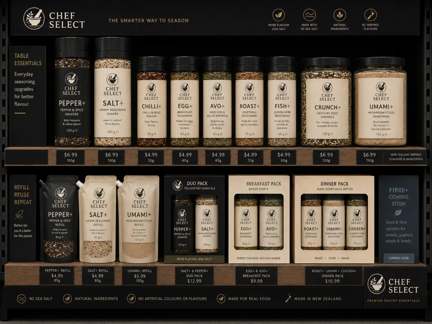 Chef Select concept retail shelf with seasonings, refill pouches and multipacks